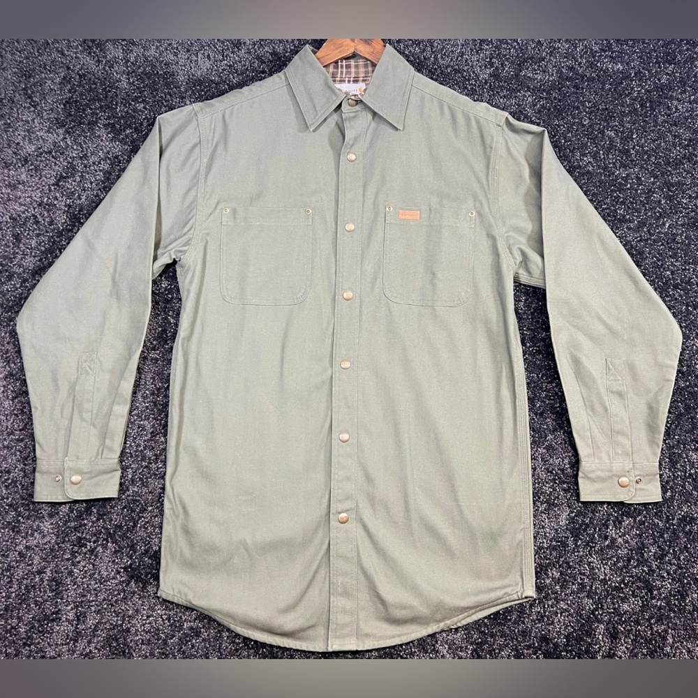 Carhartt Mens Shirt Jacket Small Olive Green Plaid Lined Long Sleeve Shackett